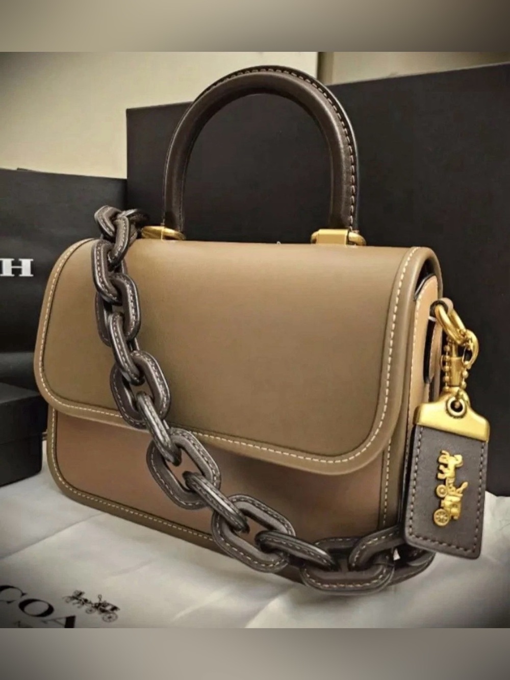 Coach Dark Stone Top Handle Satchel with Chain, Detachable Strap, Gold Hardware - Picture 2 of 13